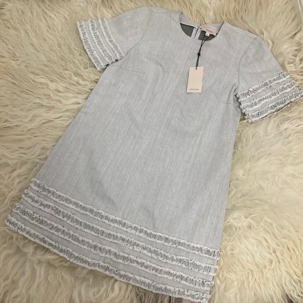 CINQ A SEPT Ashton Crewneck Short-Sleeve Cotton Shift Dress w/ Frayed Trim - Picture 2 of 12